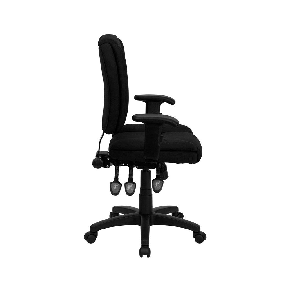 Mid-Back Black Fabric Multifunction Swivel Ergonomic Task Office Chair with Pillow Top Cushioning and Arms
