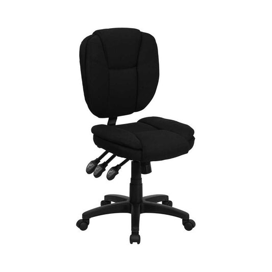 Mid-Back Black Fabric Multifunction Swivel Ergonomic Task Office Chair with Pillow Top Cushioning