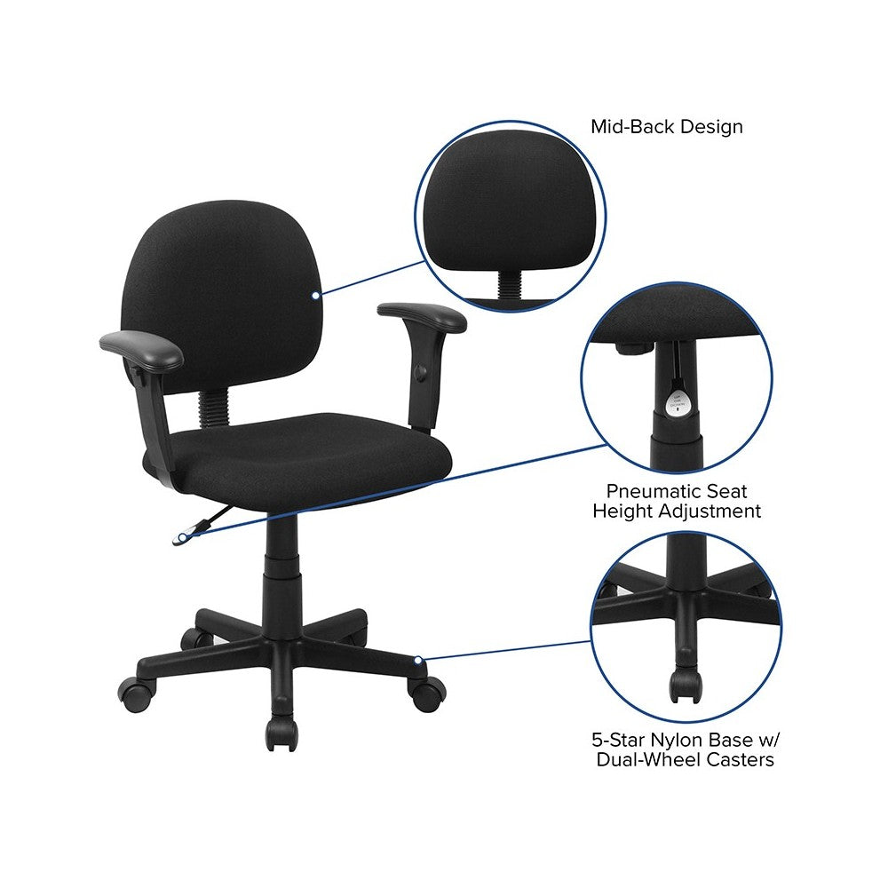 Mid-Back Black Fabric Swivel Task Office Chair with Adjustable Arms
