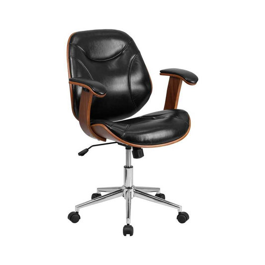 Mid-Back Black LeatherSoft Executive Ergonomic Wood Swivel Office Chair with Arms