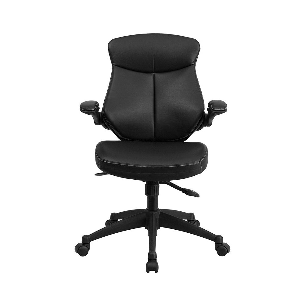 Mid-Back Black LeatherSoft Executive Swivel Ergonomic Office Chair with Back Angle Adjustment and Flip-Up Arms