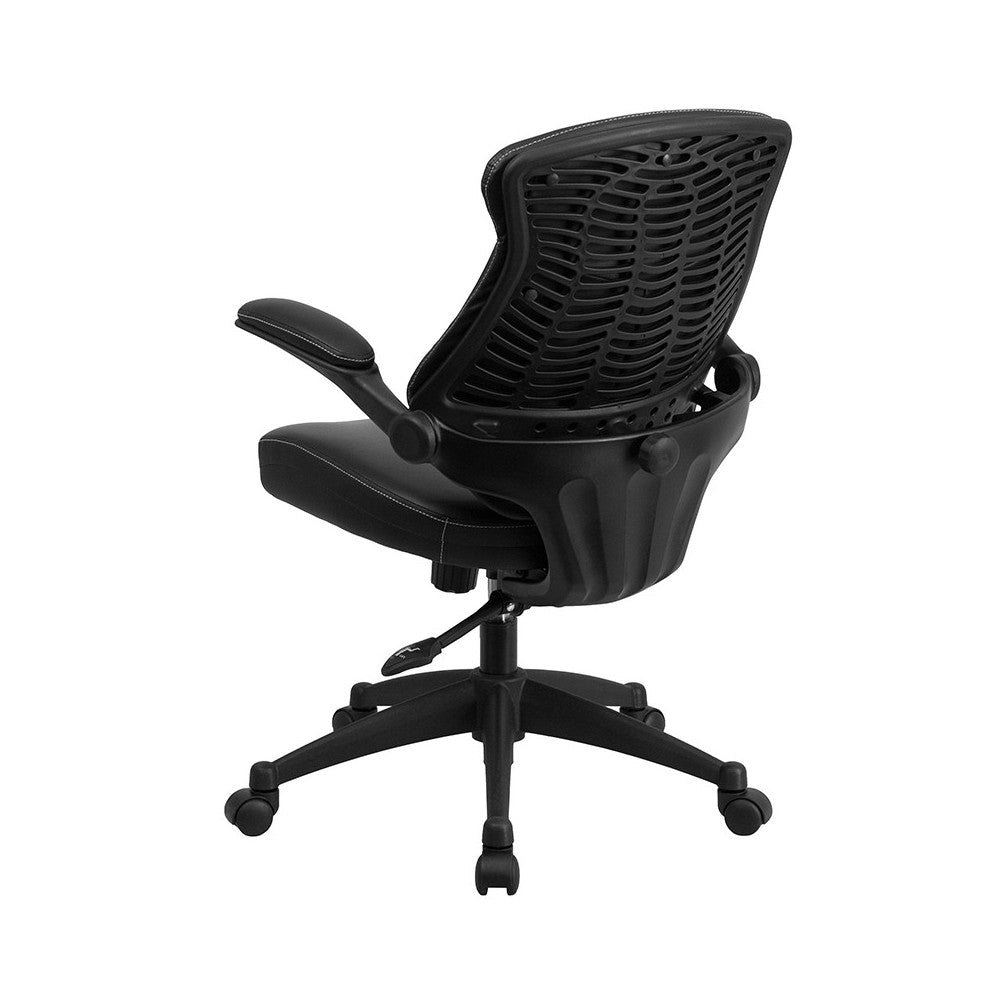Mid-Back Black LeatherSoft Executive Swivel Ergonomic Office Chair with Back Angle Adjustment and Flip-Up Arms