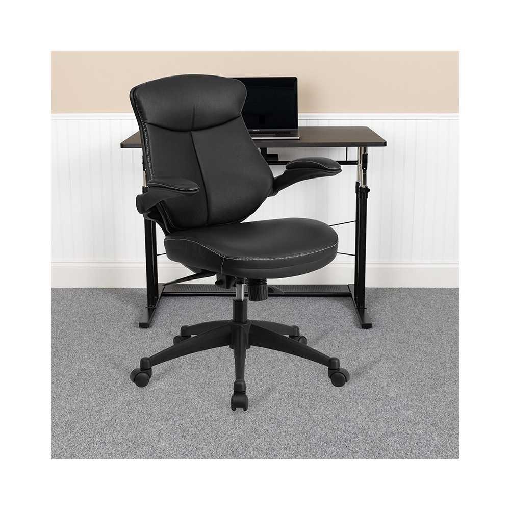 Mid-Back Black LeatherSoft Executive Swivel Ergonomic Office Chair with Back Angle Adjustment and Flip-Up Arms