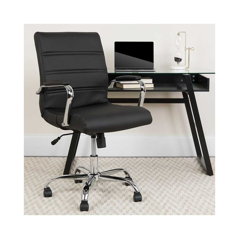 Mid-Back Black LeatherSoft Executive Swivel Office Chair with Chrome Base and Arms