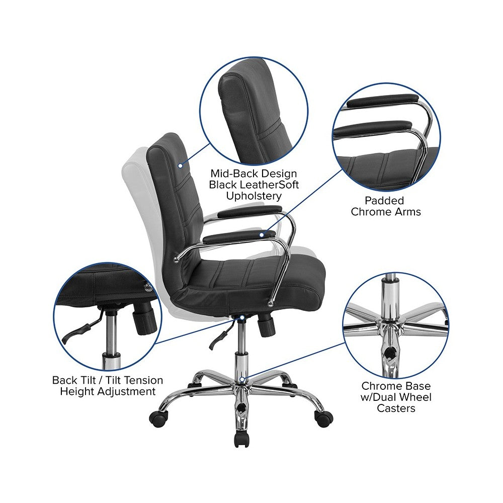 Mid-Back Black LeatherSoft Executive Swivel Office Chair with Chrome Base and Arms