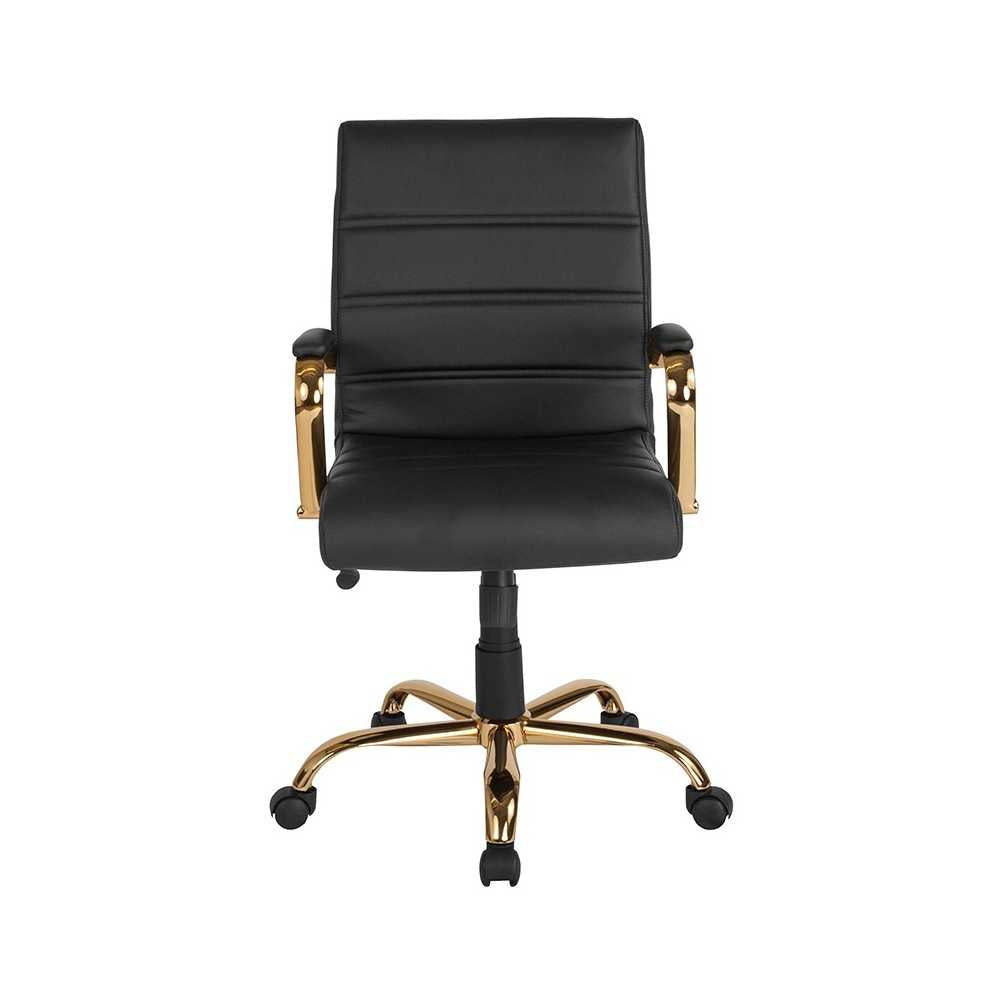 Mid-Back Black LeatherSoft Executive Swivel Office Chair with Gold Frame and Arms