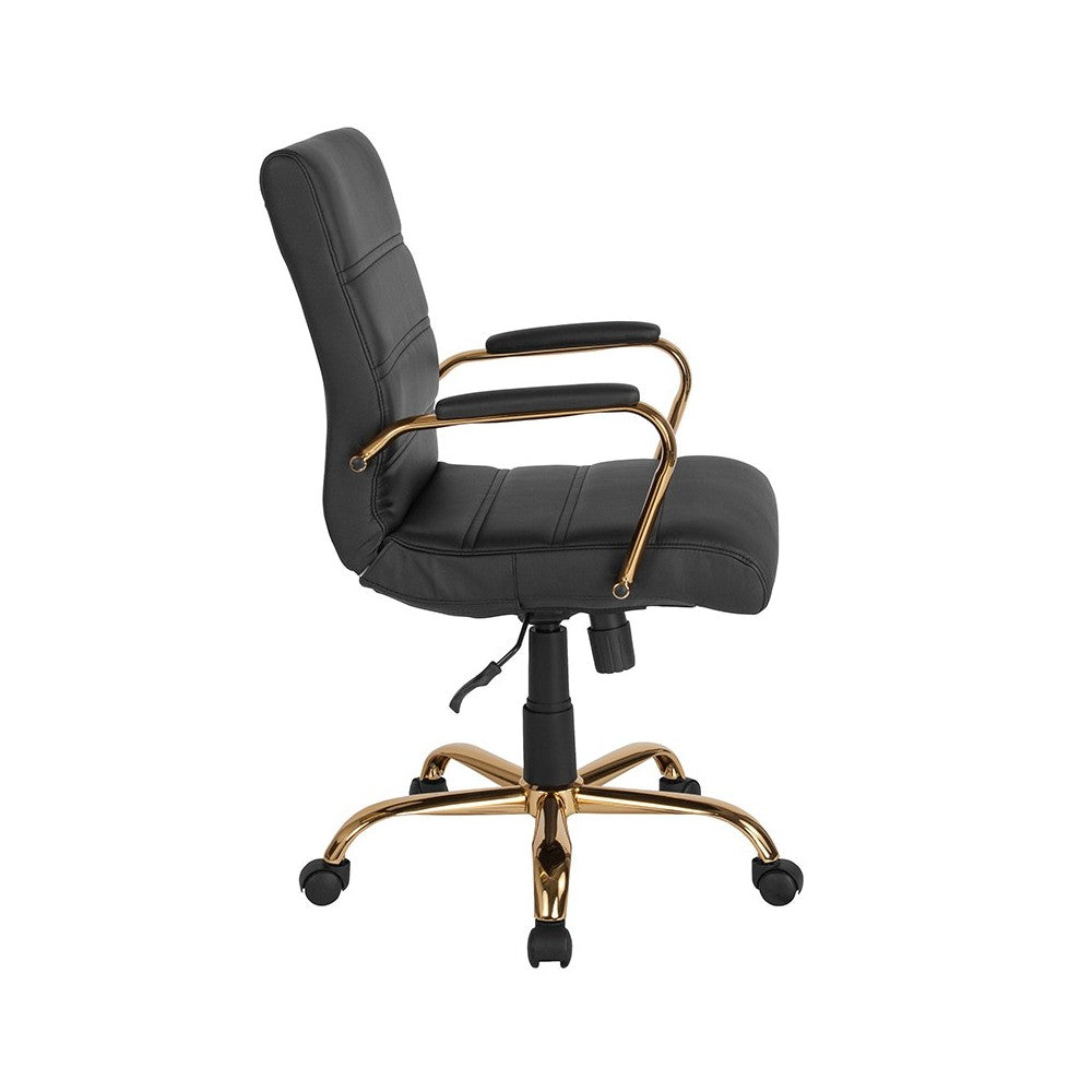 Mid-Back Black LeatherSoft Executive Swivel Office Chair with Gold Frame and Arms