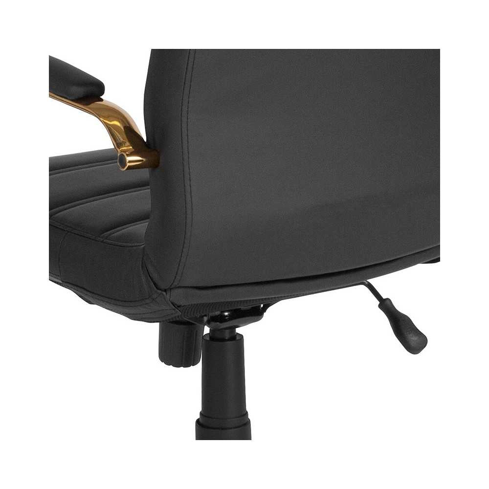 Mid-Back Black LeatherSoft Executive Swivel Office Chair with Gold Frame and Arms
