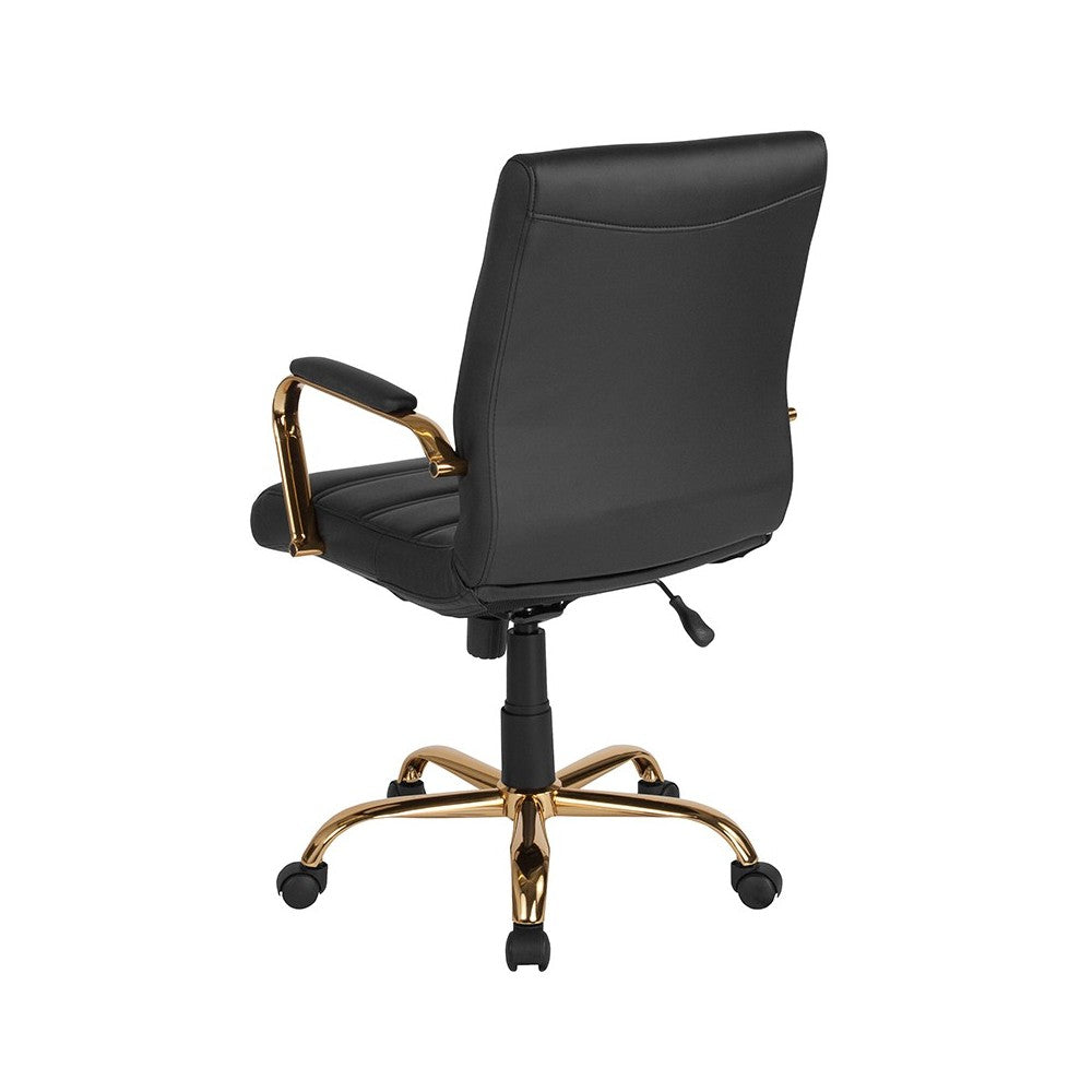 Mid-Back Black LeatherSoft Executive Swivel Office Chair with Gold Frame and Arms