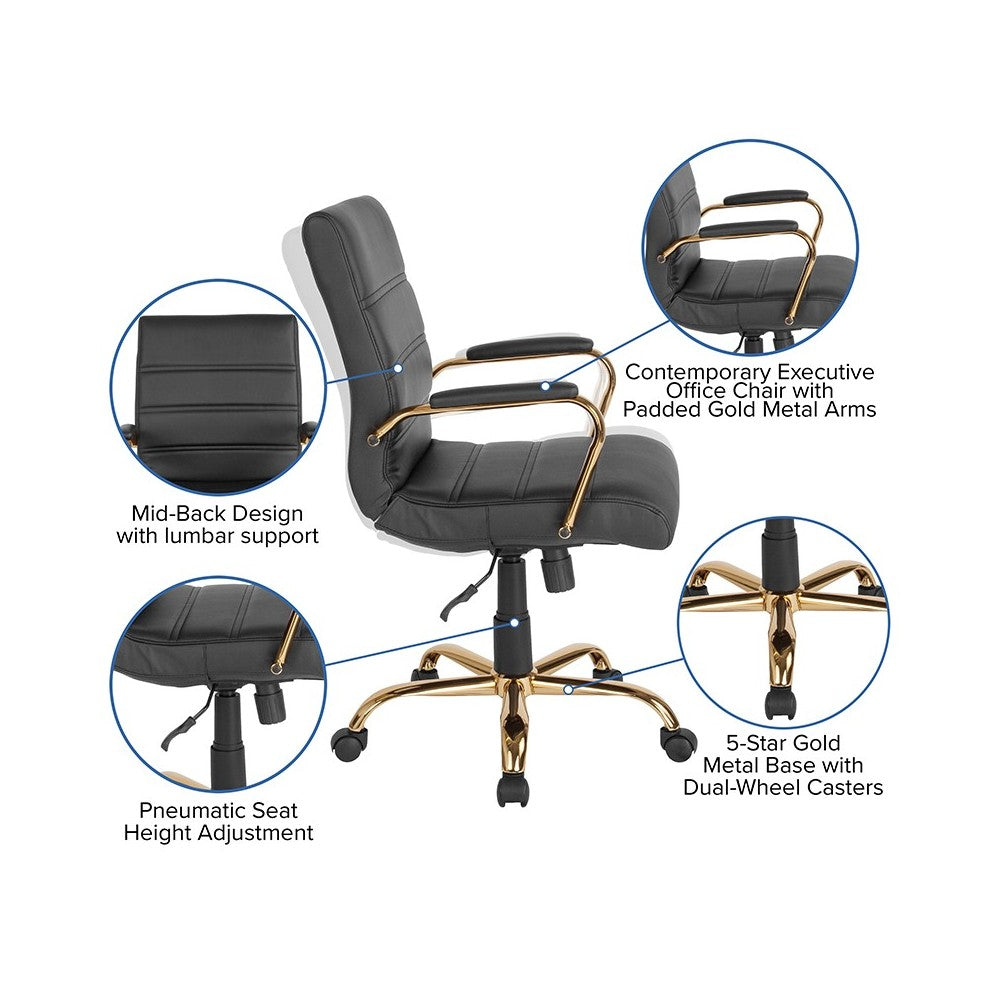 Mid-Back Black LeatherSoft Executive Swivel Office Chair with Gold Frame and Arms