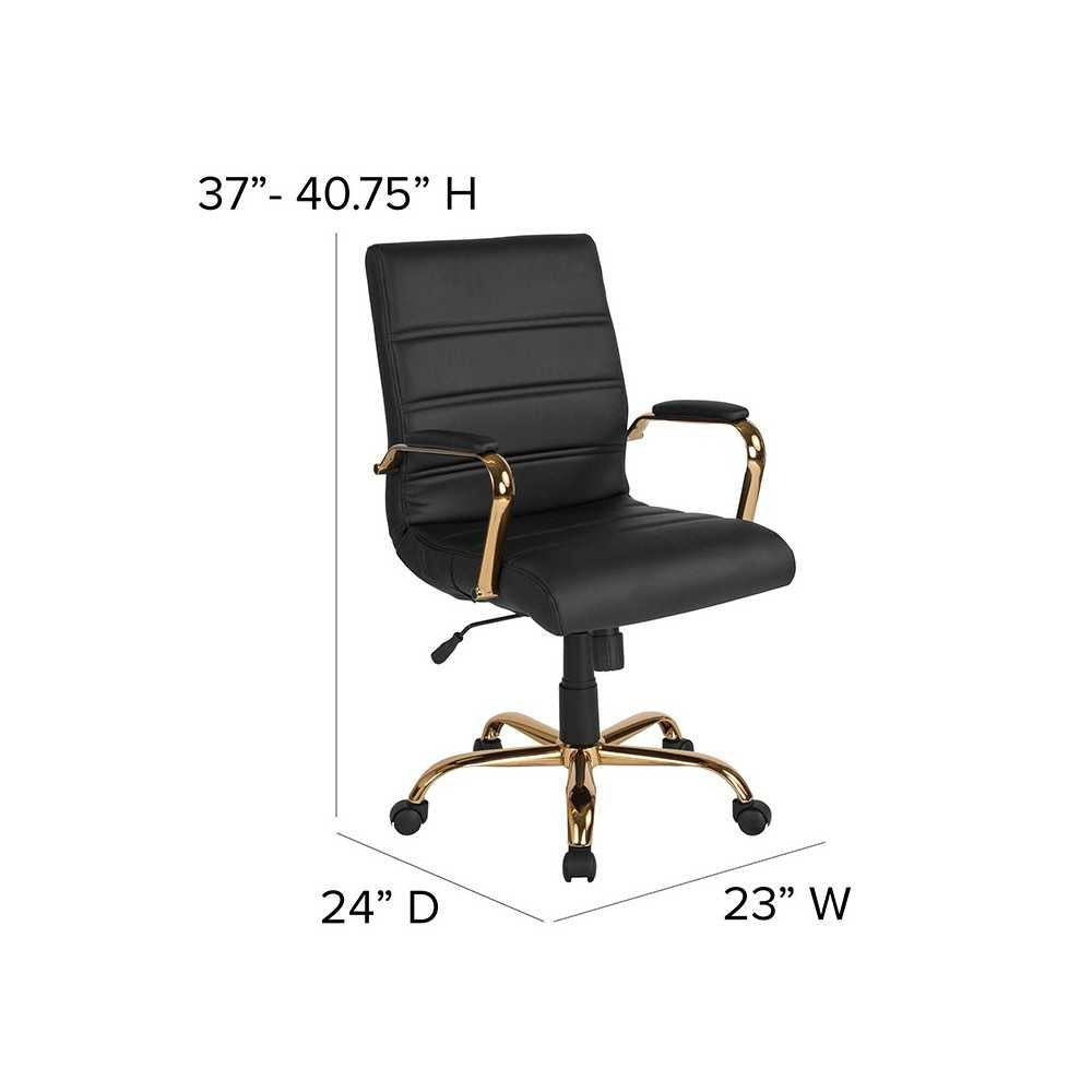Mid-Back Black LeatherSoft Executive Swivel Office Chair with Gold Frame and Arms