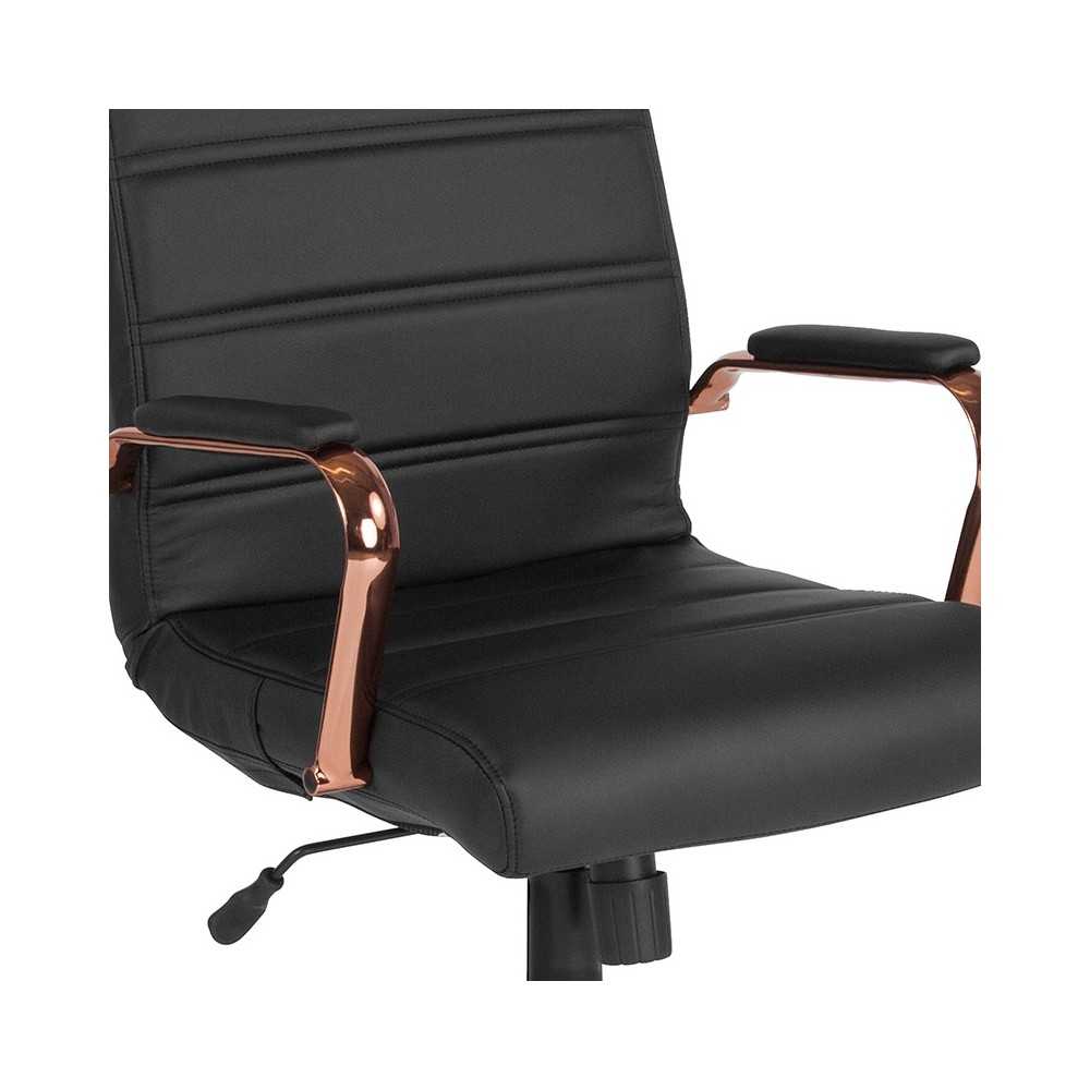 Mid-Back Black LeatherSoft Executive Swivel Office Chair with Rose Gold Frame and Arms