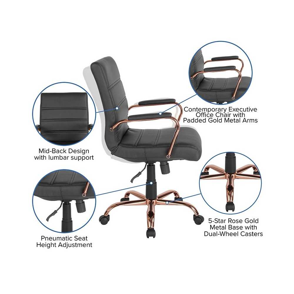 Mid-Back Black LeatherSoft Executive Swivel Office Chair with Rose Gold Frame and Arms