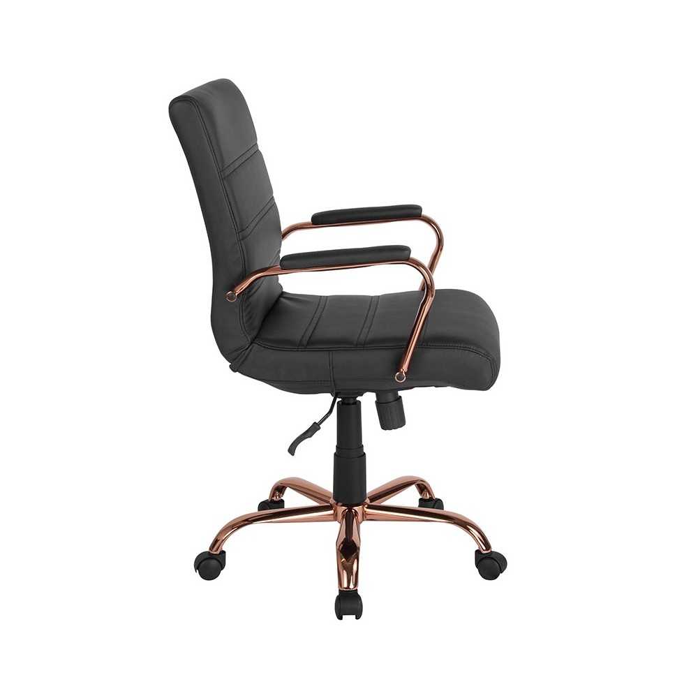 Mid-Back Black LeatherSoft Executive Swivel Office Chair with Rose Gold Frame and Arms