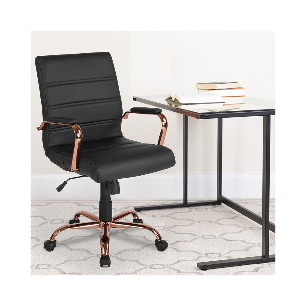 Mid-Back Black LeatherSoft Executive Swivel Office Chair with Rose Gold Frame and Arms