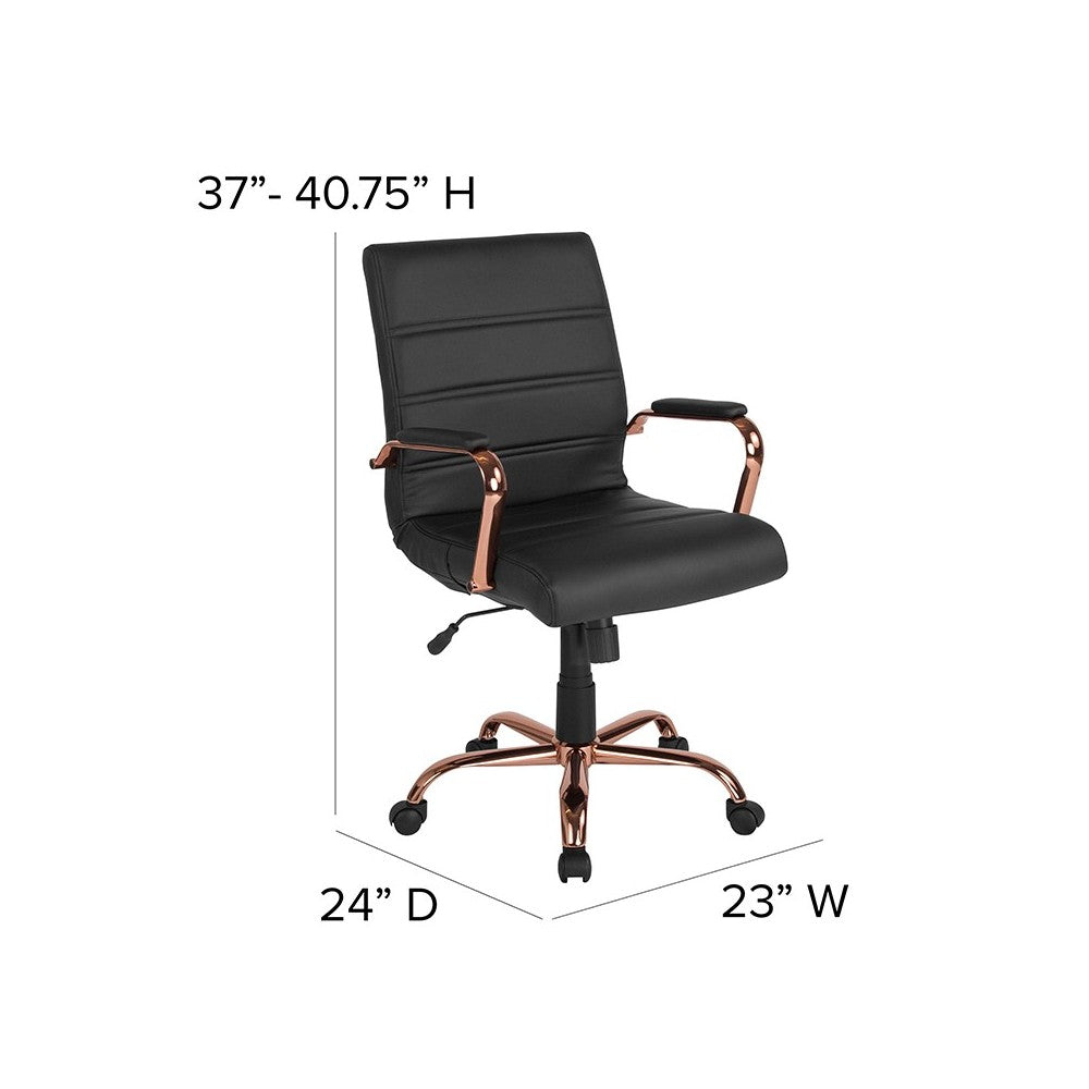Mid-Back Black LeatherSoft Executive Swivel Office Chair with Rose Gold Frame and Arms