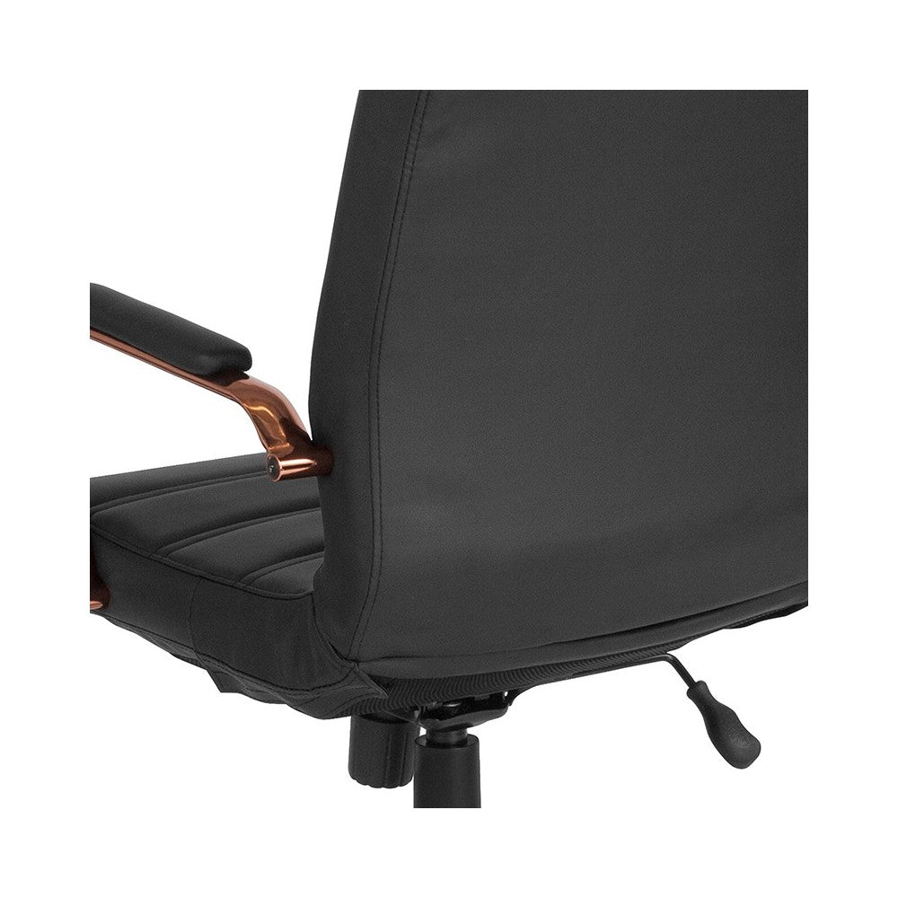 Mid-Back Black LeatherSoft Executive Swivel Office Chair with Rose Gold Frame and Arms