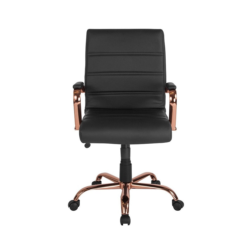 Mid-Back Black LeatherSoft Executive Swivel Office Chair with Rose Gold Frame and Arms