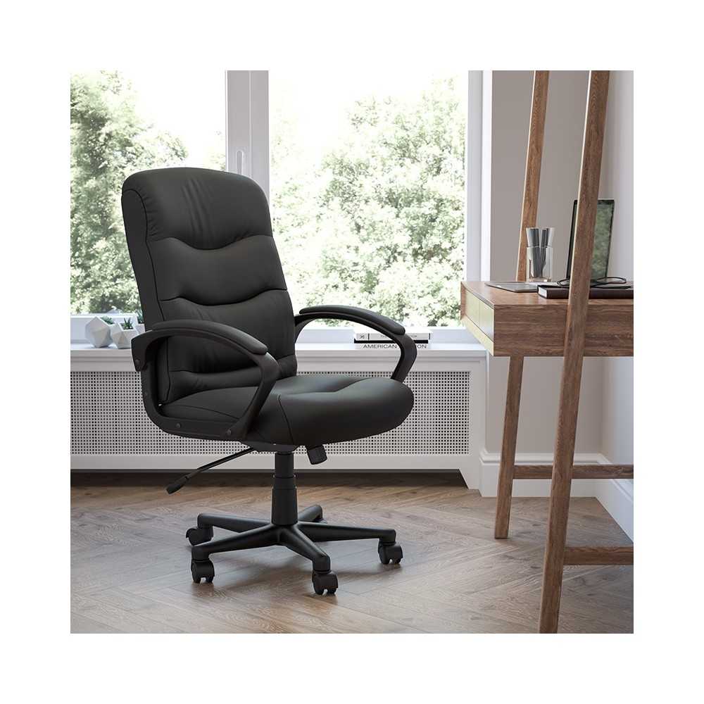 Mid-Back Black LeatherSoft Executive Swivel Office Chair with Three Line Horizontal Stitch Back and Arms