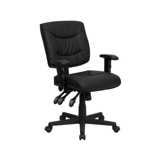 Mid-Back Black LeatherSoft Multifunction Swivel Ergonomic Task Office Chair with Adjustable Arms