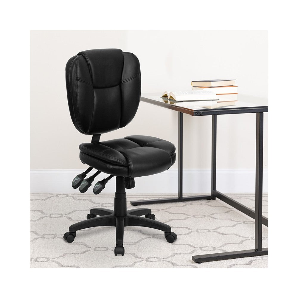 Mid-Back Black LeatherSoft Multifunction Swivel Ergonomic Task Office Chair with Pillow Top Cushioning