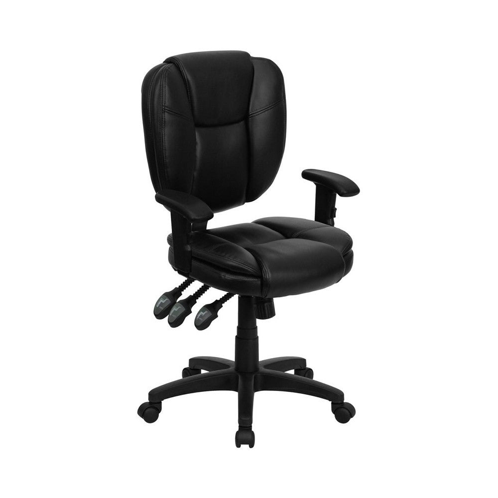 Mid-Back Black LeatherSoft Multifunction Swivel Ergonomic Task Office Chair with Pillow Top Cushioning and Arms