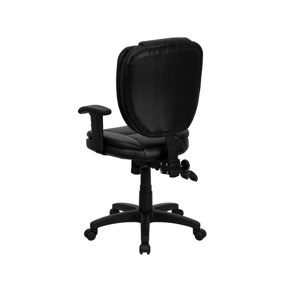 Mid-Back Black LeatherSoft Multifunction Swivel Ergonomic Task Office Chair with Pillow Top Cushioning and Arms