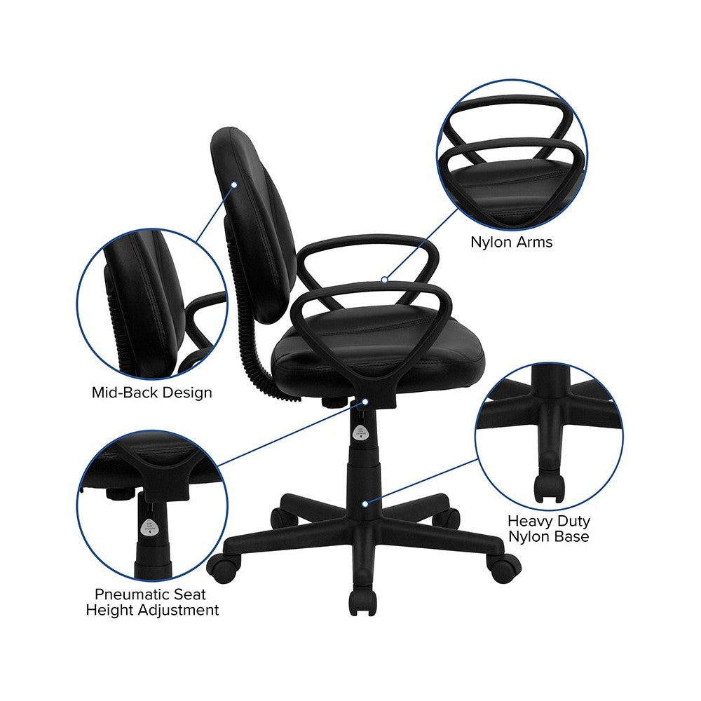 Mid-Back Black LeatherSoft Swivel Ergonomic Task Office Chair with Back Depth Adjustment and Arms