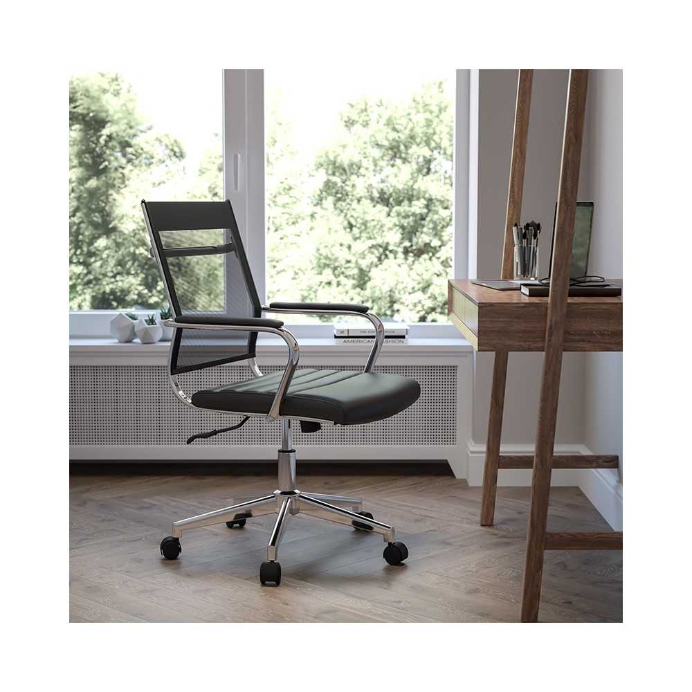Mid-Back Black Mesh Contemporary Executive Swivel Office Chair with LeatherSoft Seat