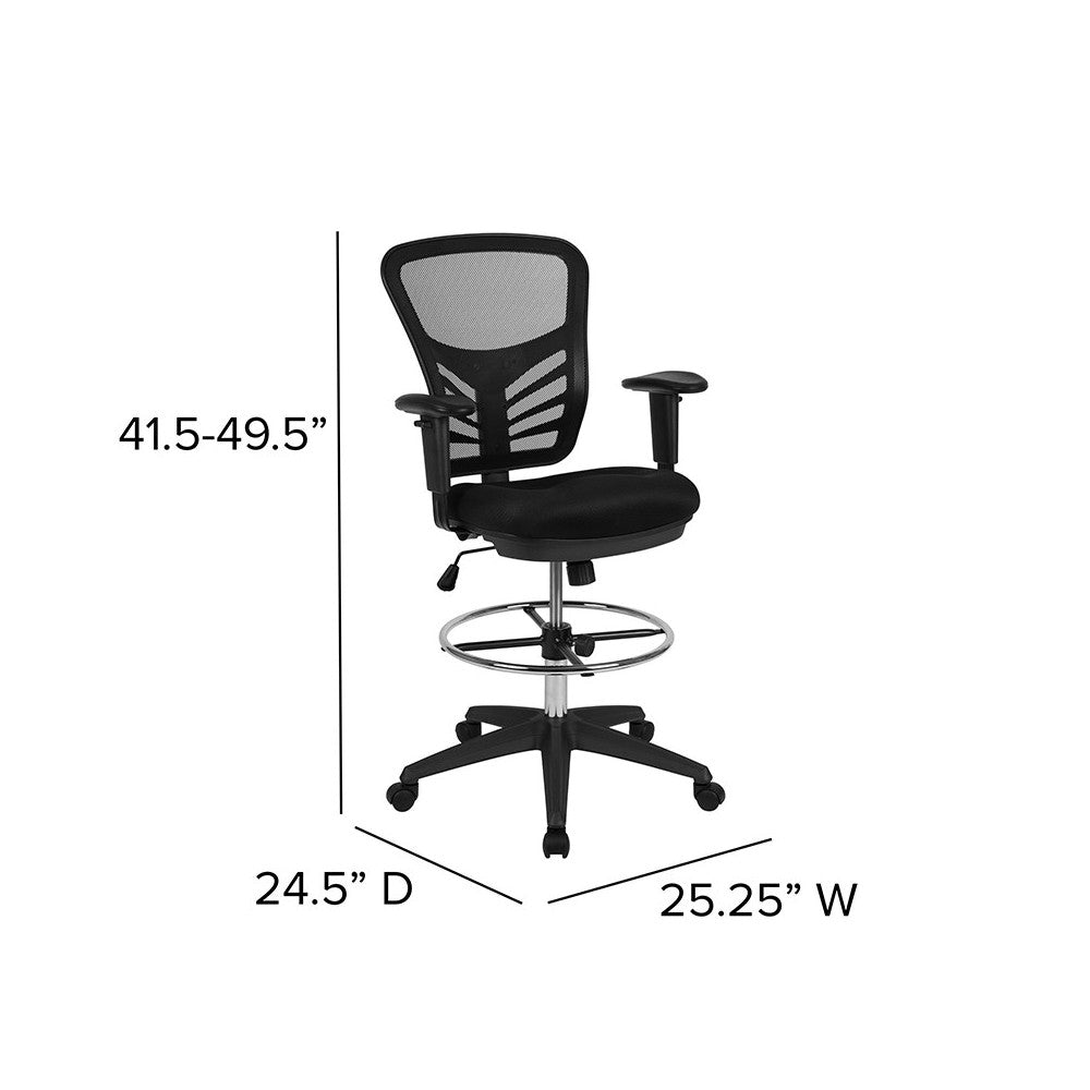Mid-Back Black Mesh Ergonomic Drafting Chair with Adjustable Chrome Foot Ring, Adjustable Arms and Black Frame