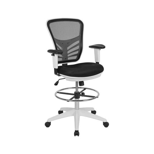Mid-Back Black Mesh Ergonomic Drafting Chair with Adjustable Chrome Foot Ring, Adjustable Arms and White Frame