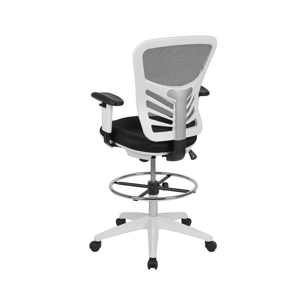 Mid-Back Black Mesh Ergonomic Drafting Chair with Adjustable Chrome Foot Ring, Adjustable Arms and White Frame