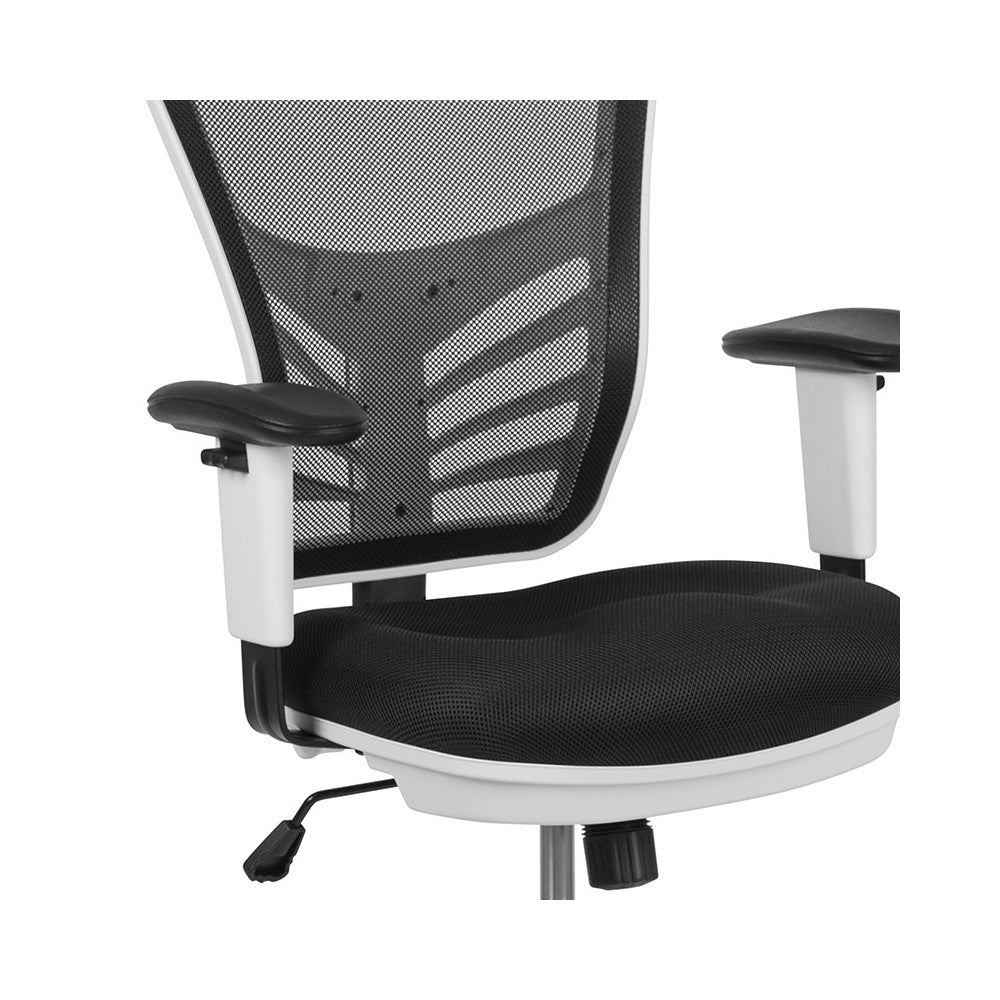 Mid-Back Black Mesh Ergonomic Drafting Chair with Adjustable Chrome Foot Ring, Adjustable Arms and White Frame