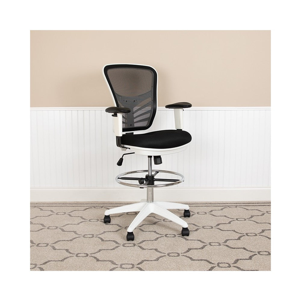 Mid-Back Black Mesh Ergonomic Drafting Chair with Adjustable Chrome Foot Ring, Adjustable Arms and White Frame