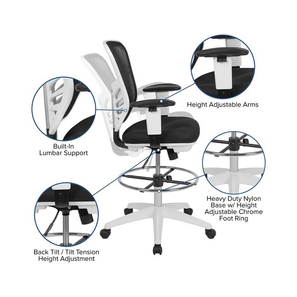 Mid-Back Black Mesh Ergonomic Drafting Chair with Adjustable Chrome Foot Ring, Adjustable Arms and White Frame
