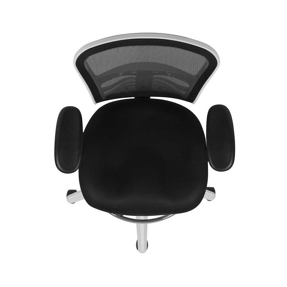 Mid-Back Black Mesh Ergonomic Drafting Chair with Adjustable Chrome Foot Ring, Adjustable Arms and White Frame