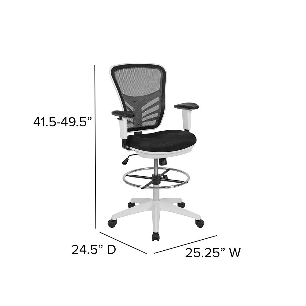 Mid-Back Black Mesh Ergonomic Drafting Chair with Adjustable Chrome Foot Ring, Adjustable Arms and White Frame