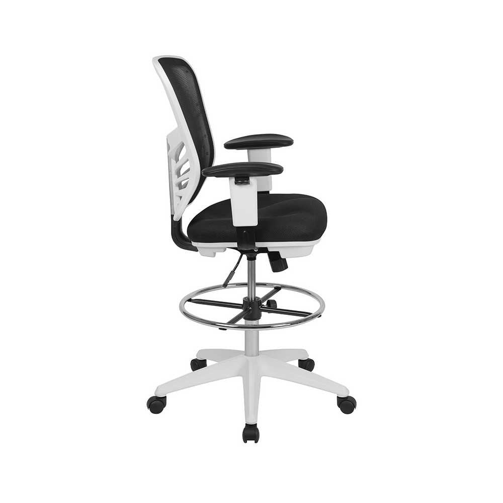 Mid-Back Black Mesh Ergonomic Drafting Chair with Adjustable Chrome Foot Ring, Adjustable Arms and White Frame