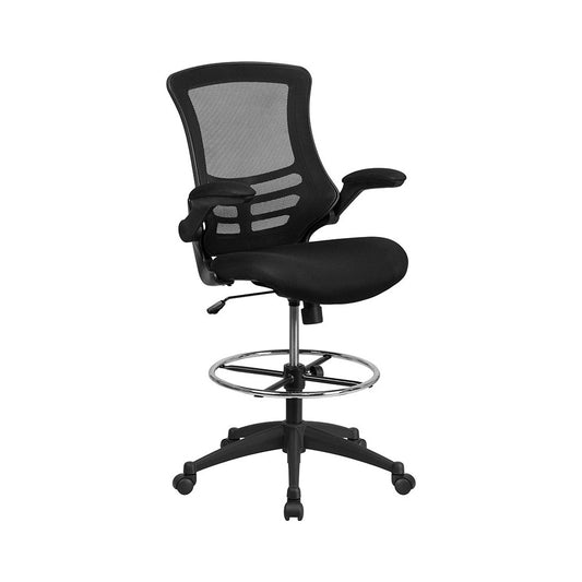 Mid-Back Black Mesh Ergonomic Drafting Chair with Adjustable Foot Ring and Flip-Up Arms
