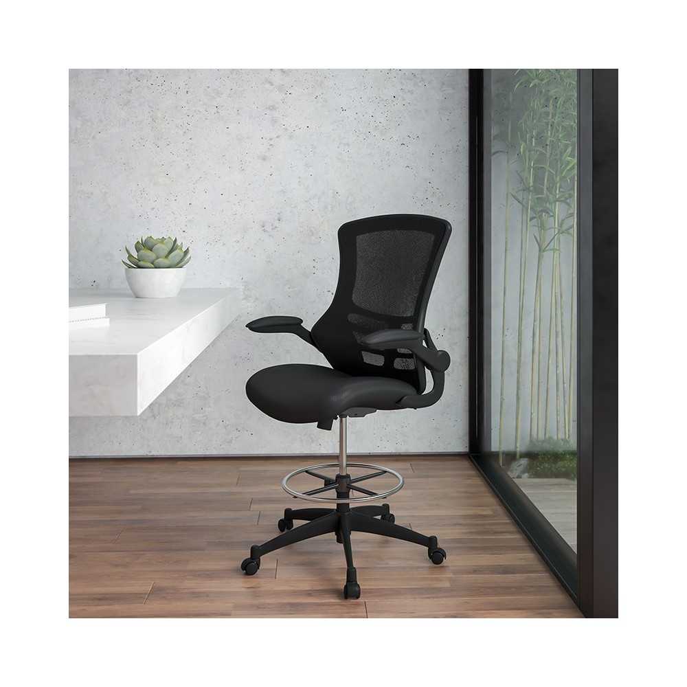 Mid-Back Black Mesh Ergonomic Drafting Chair with Adjustable Foot Ring and Flip-Up Arms