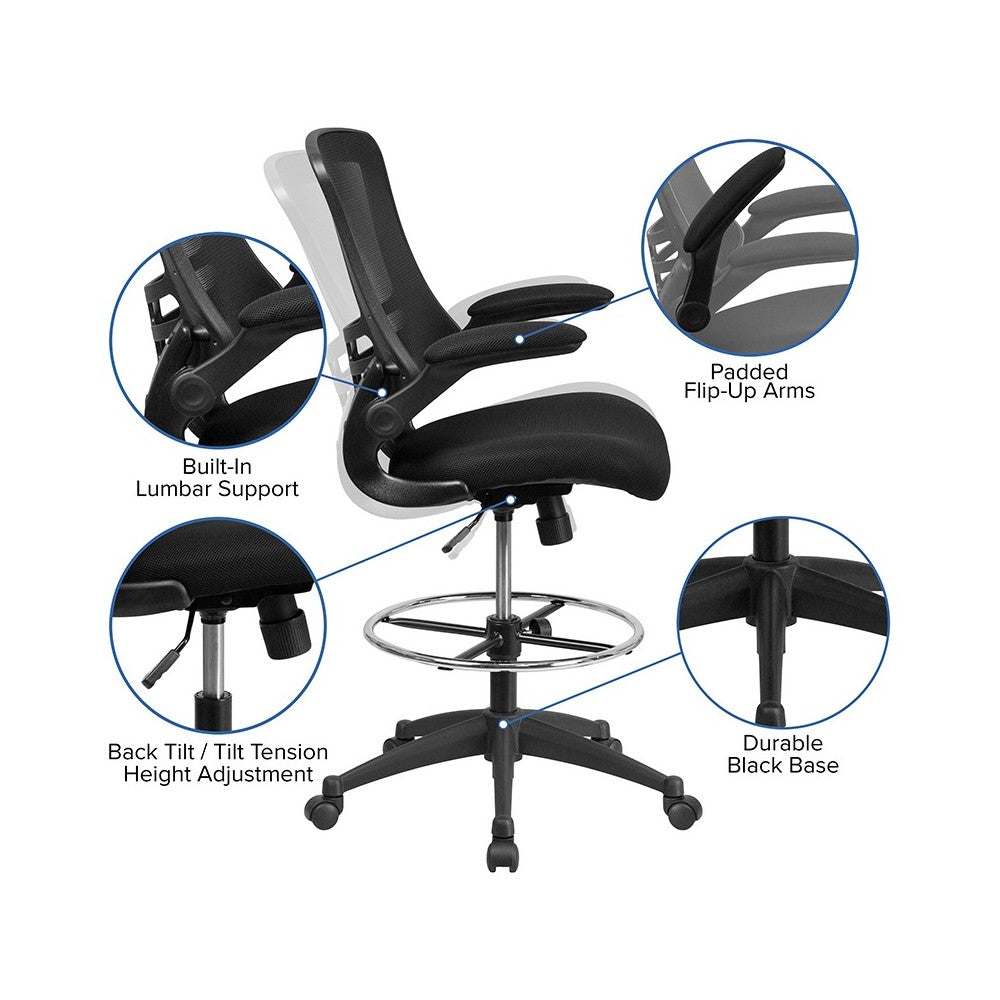 Mid-Back Black Mesh Ergonomic Drafting Chair with Adjustable Foot Ring and Flip-Up Arms