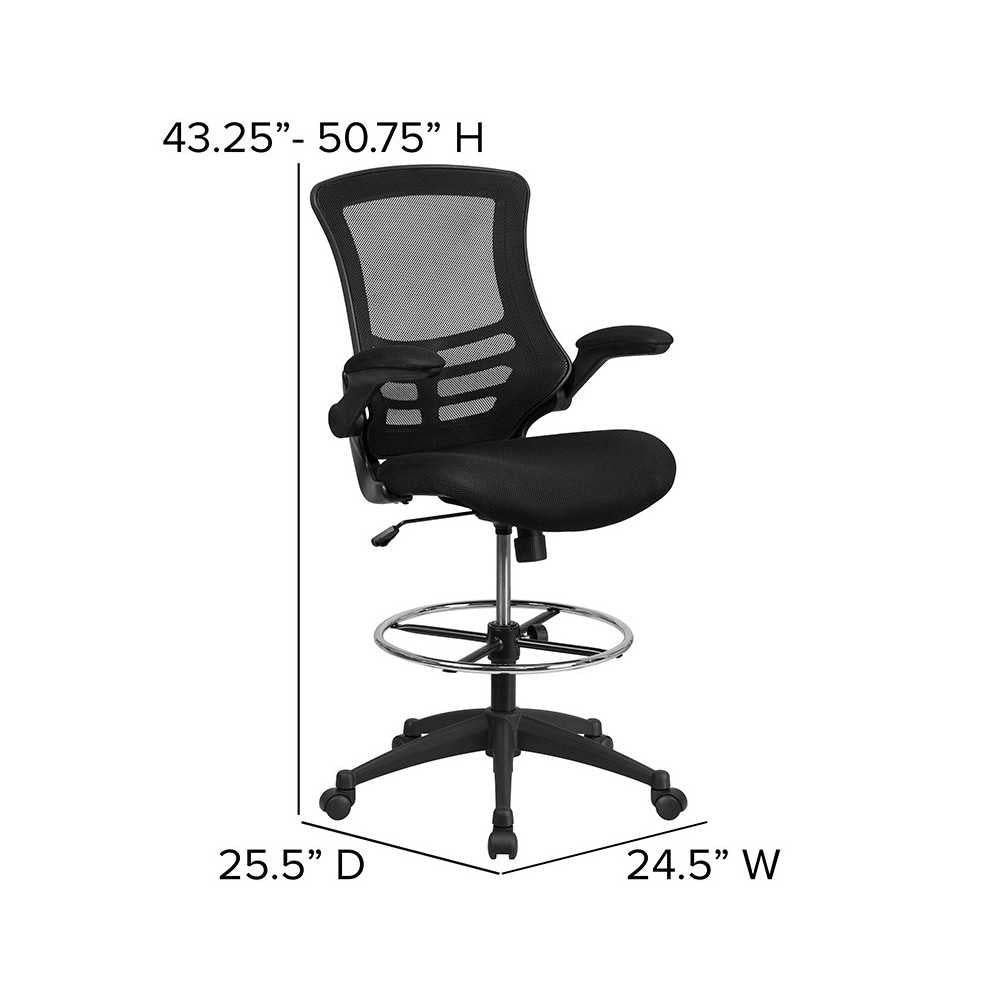 Mid-Back Black Mesh Ergonomic Drafting Chair with Adjustable Foot Ring and Flip-Up Arms