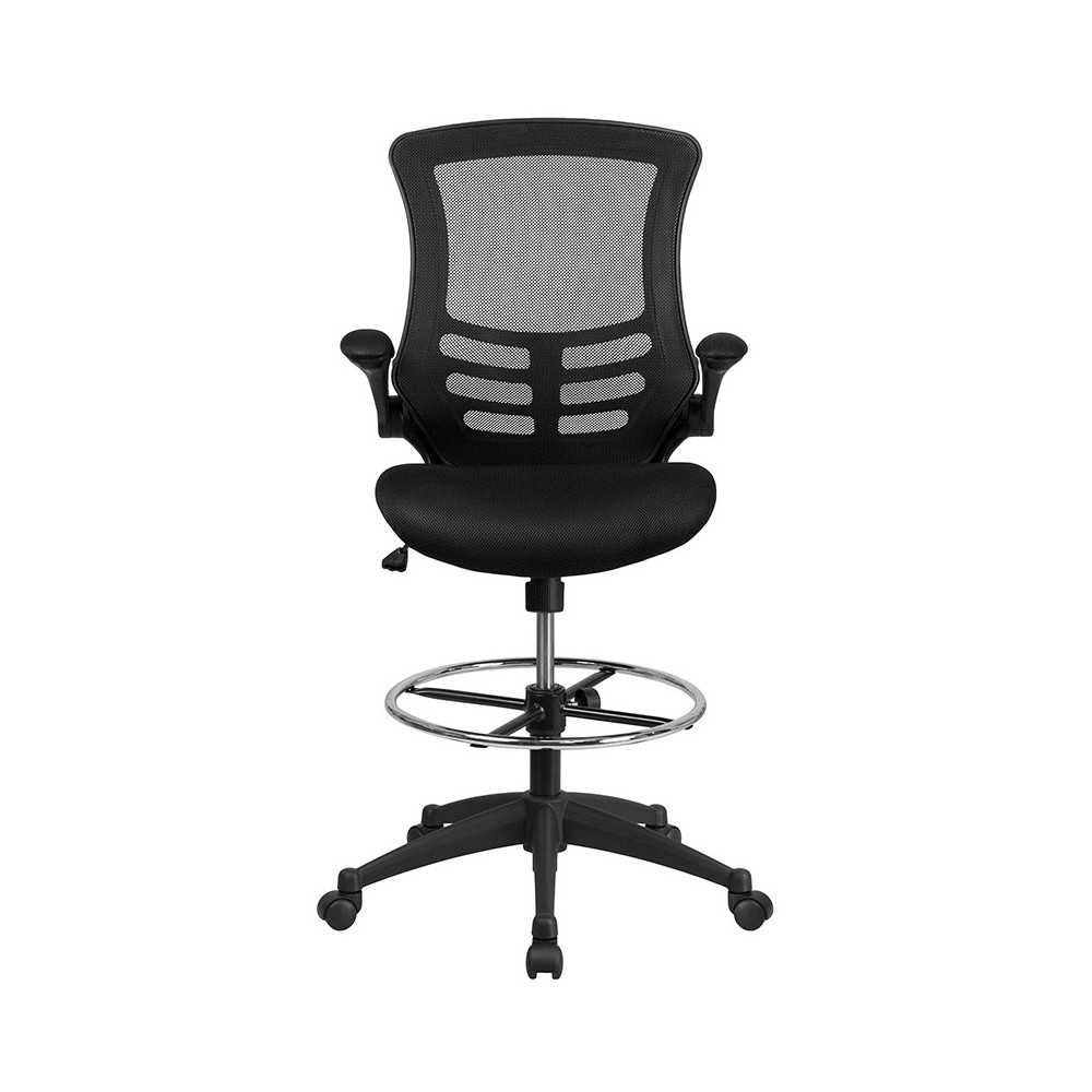 Mid-Back Black Mesh Ergonomic Drafting Chair with Adjustable Foot Ring and Flip-Up Arms
