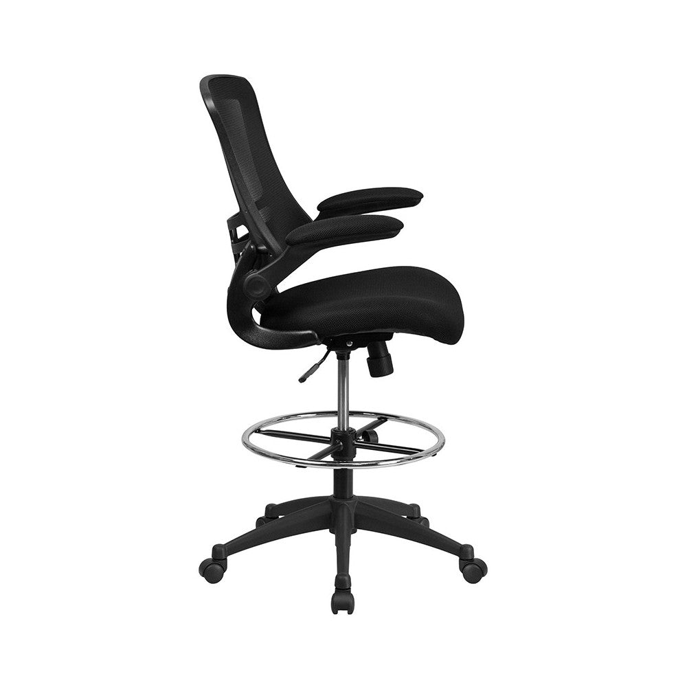 Mid-Back Black Mesh Ergonomic Drafting Chair with Adjustable Foot Ring and Flip-Up Arms