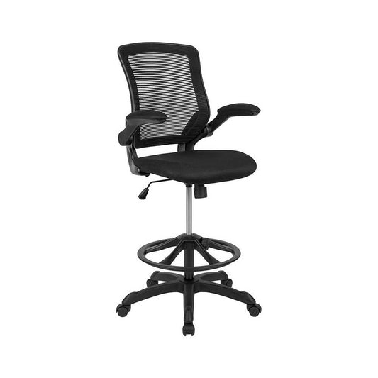 Mid-Back Black Mesh Ergonomic Drafting Chair with Adjustable Foot Ring and Flip-Up Arms