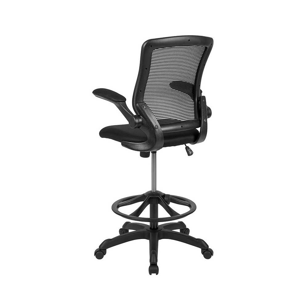 Mid-Back Black Mesh Ergonomic Drafting Chair with Adjustable Foot Ring and Flip-Up Arms