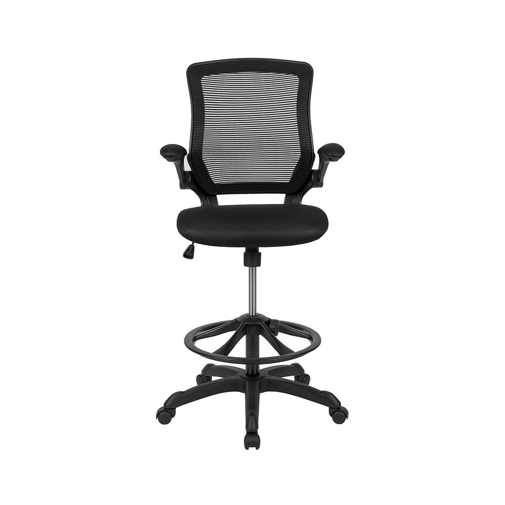 Mid-Back Black Mesh Ergonomic Drafting Chair with Adjustable Foot Ring and Flip-Up Arms