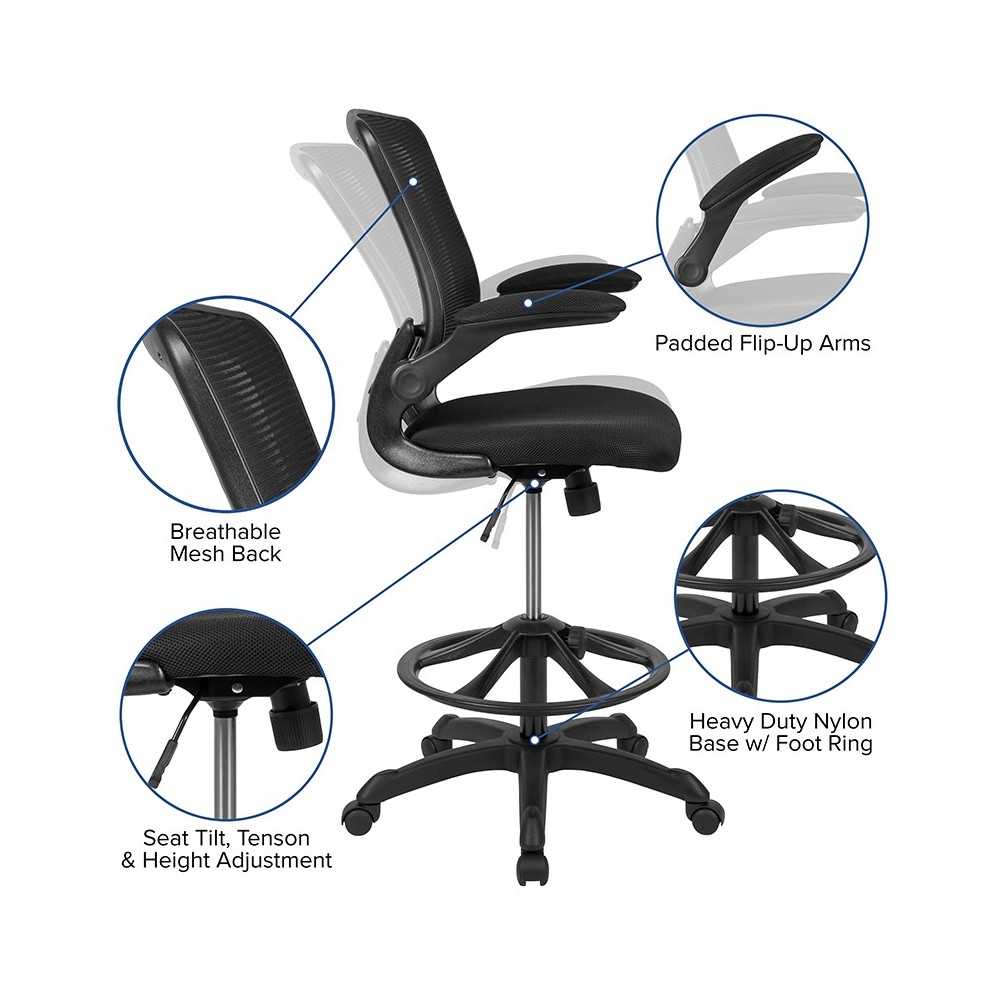 Mid-Back Black Mesh Ergonomic Drafting Chair with Adjustable Foot Ring and Flip-Up Arms