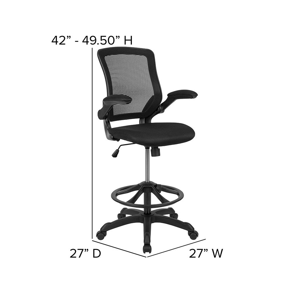 Mid-Back Black Mesh Ergonomic Drafting Chair with Adjustable Foot Ring and Flip-Up Arms