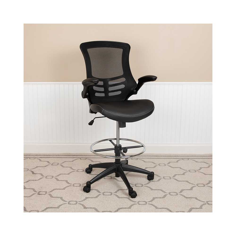 Mid-Back Black Mesh Ergonomic Drafting Chair with LeatherSoft Seat, Adjustable Foot Ring and Flip-Up Arms